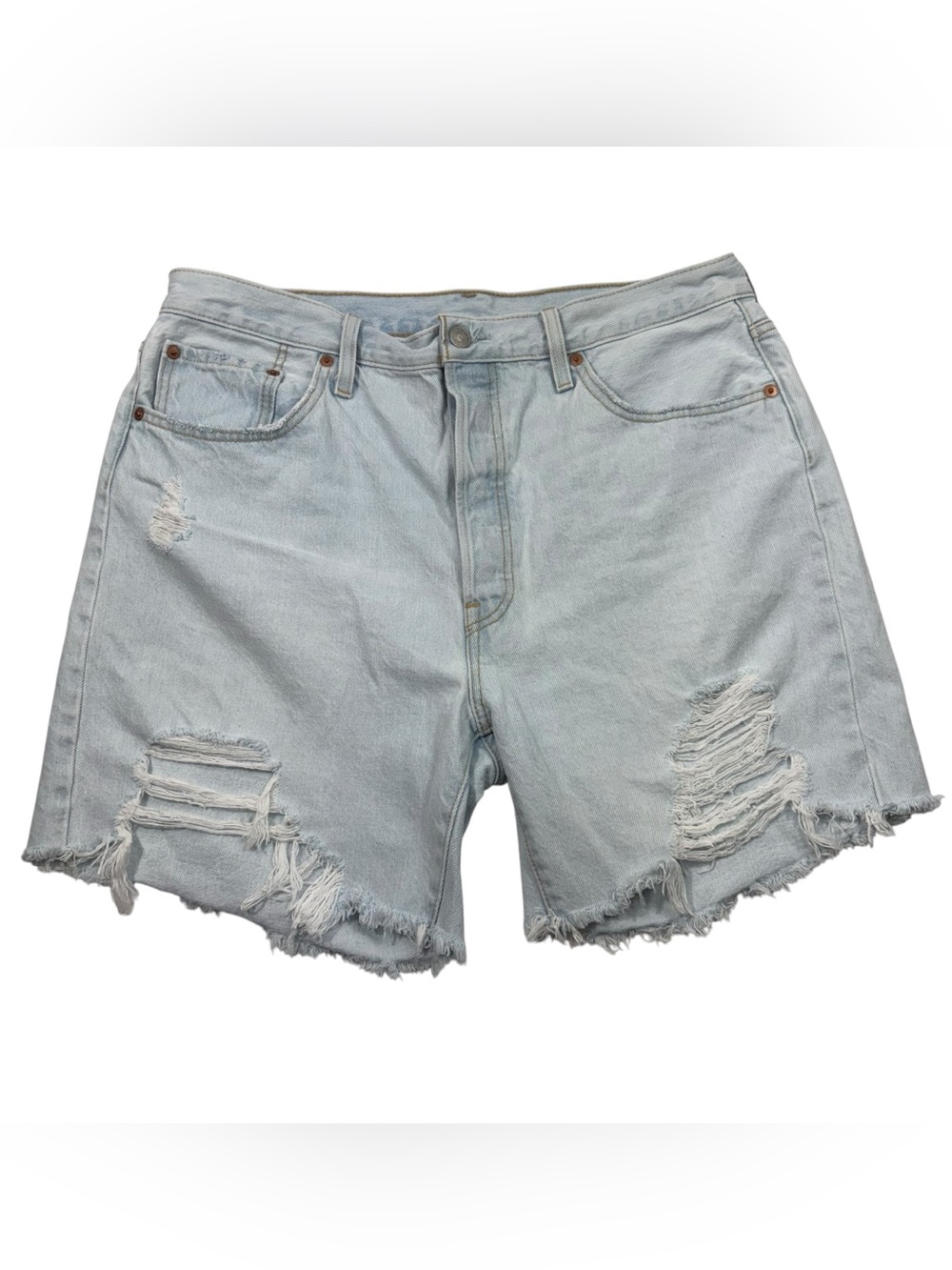 Levis 501 Light Wash Distressed Button Fly Cutoff Jean Denim Shorts 34W Bermuda